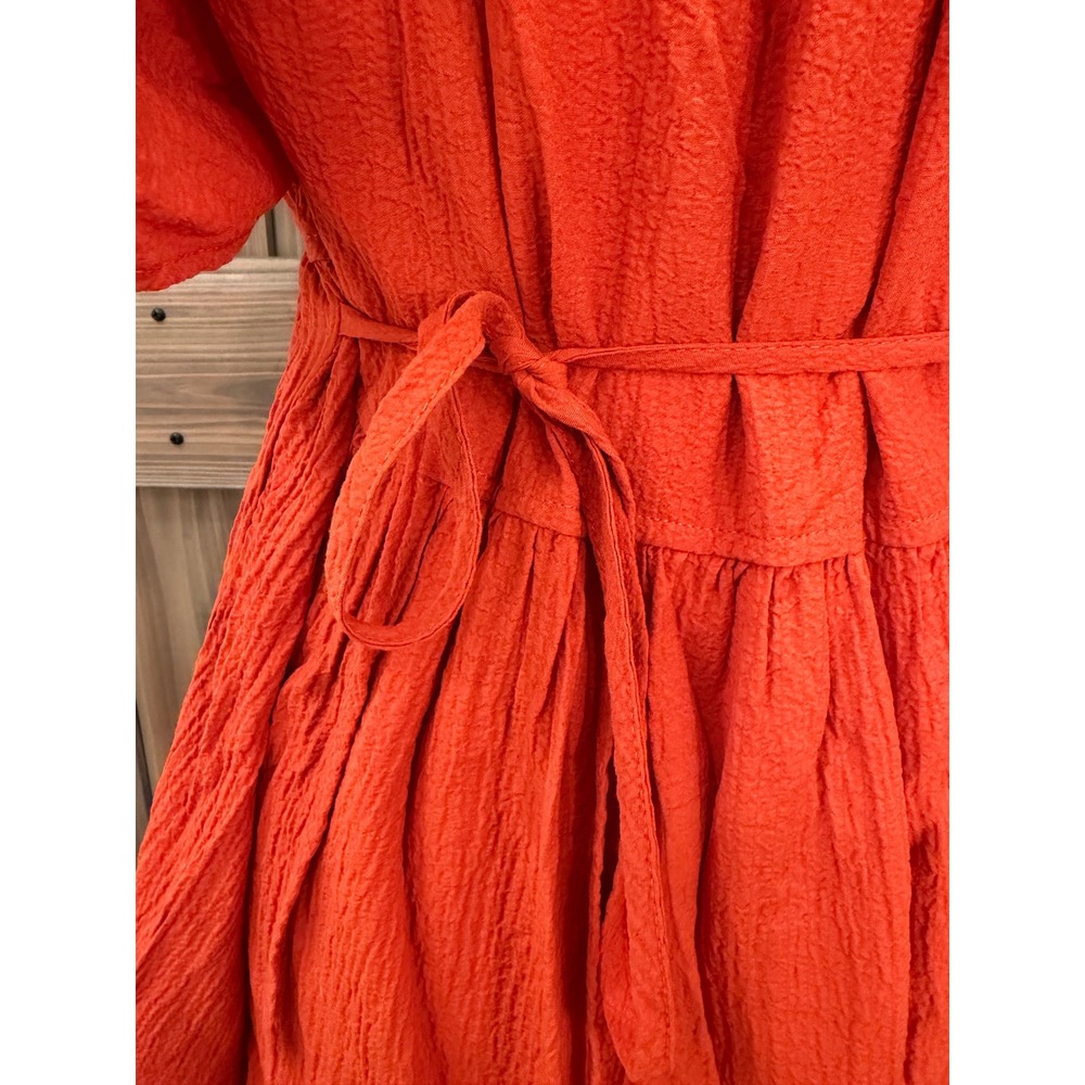 Calvin Klein Orange Textured Tiered V-Neck Midi Dress Womens 10 Short Sleeve - Picture 3 of 5